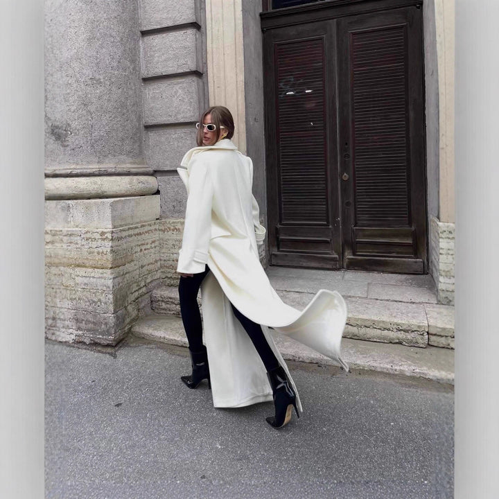 Women's Maxi Tailored Wool Blend Coat with Wrap Belt and Generous Lapel Collar Amarae