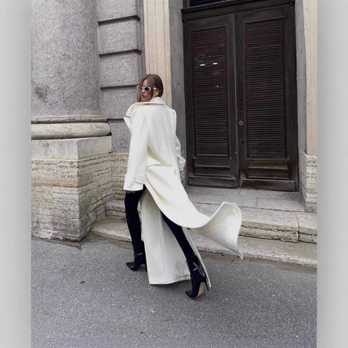 Women's Maxi Tailored Wool Blend Coat with Wrap Belt and Generous Lapel Collar Amarae