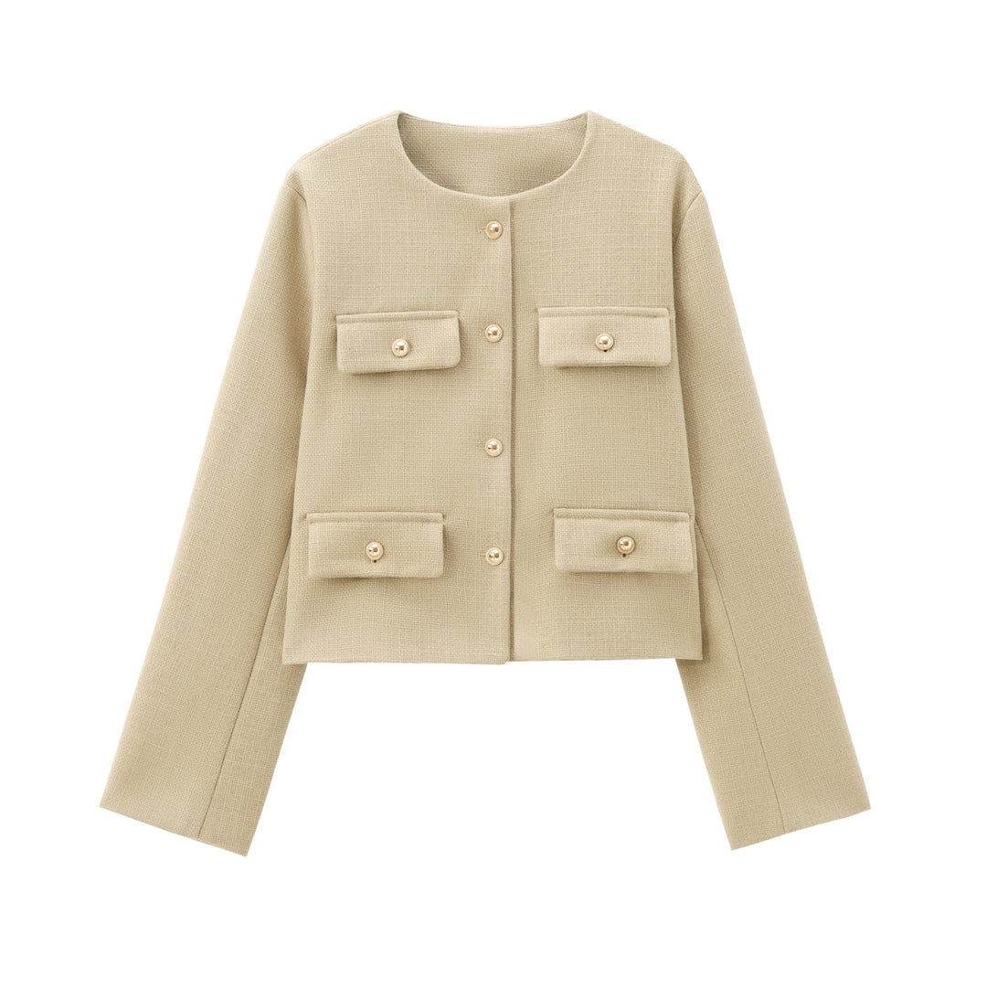 Transitional jacket for ladies with classic button details and practical flap pockets Lune London