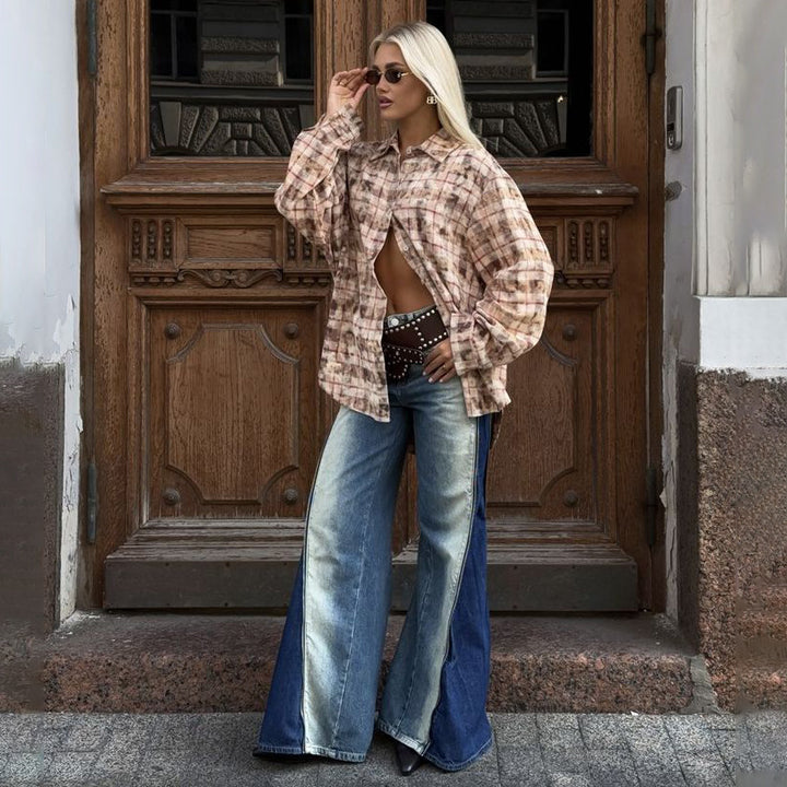Oversized shirt for women with a casual check pattern and split sleeves Lune London
