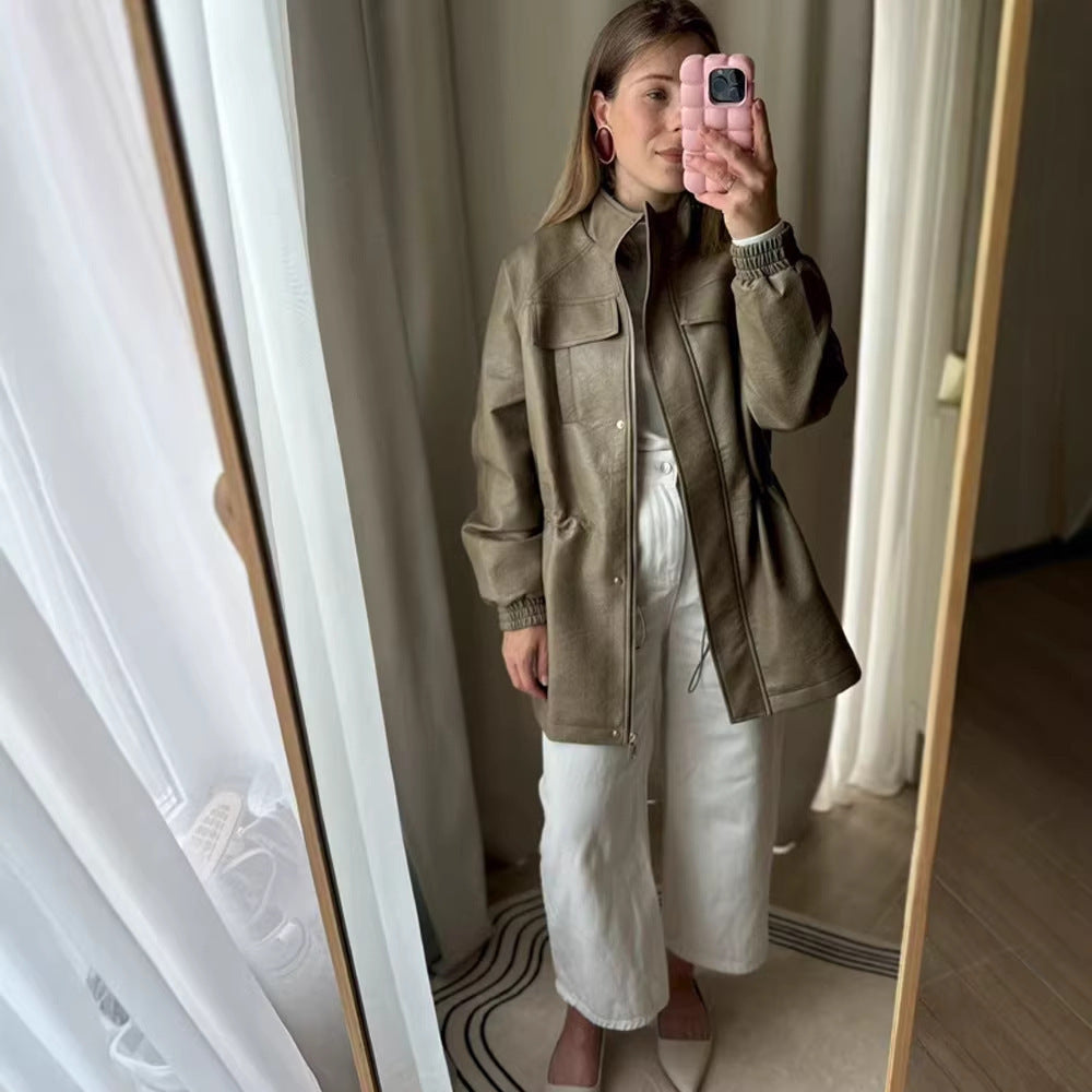 Women's Faux Leather Parka with Drawstring Waist and Chest Pockets Amarae