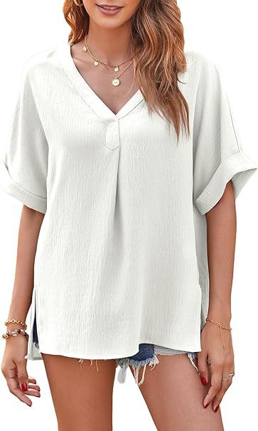 Ladies Light V-neck Top with Roll-up Sleeves Lune London