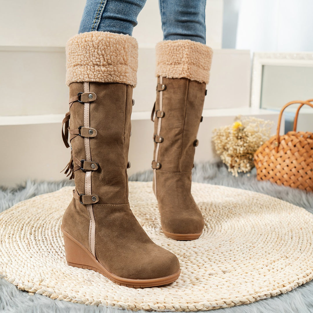 High-quality suede wedge boots for women with trendy pleated design Lune London