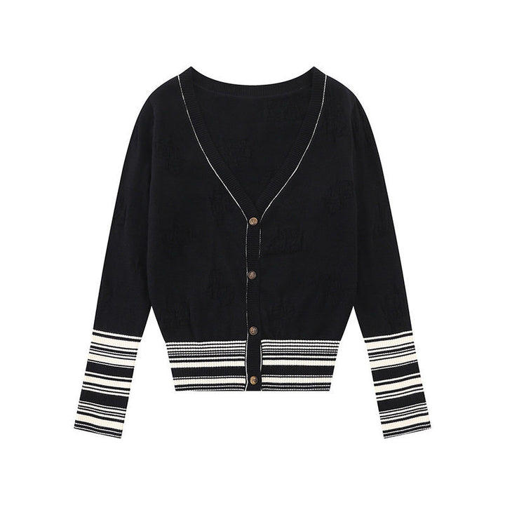 Ladies cardigan with V-neck, fine jacquard pattern and contrasting cuffs Amarae