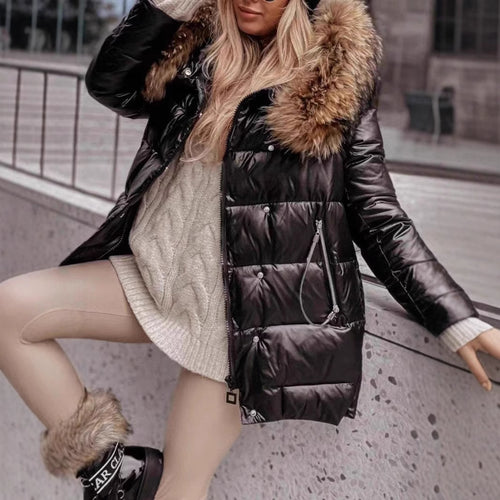 Ladies Long Down Jacket with Removable Faux Fur Collar Amarae