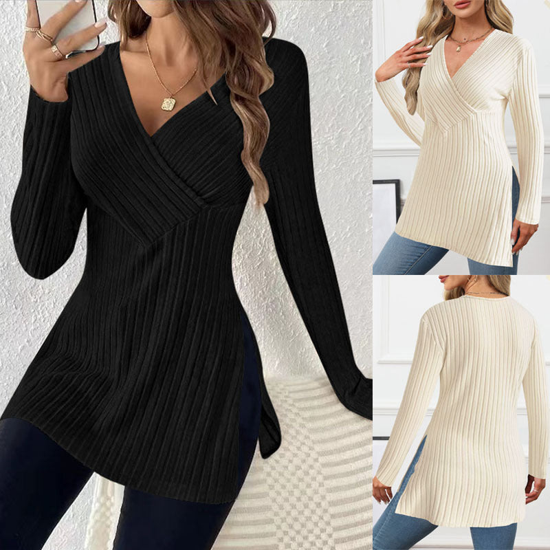 Women long sweater with modern wrap design and elegant ribbed structure Lune London