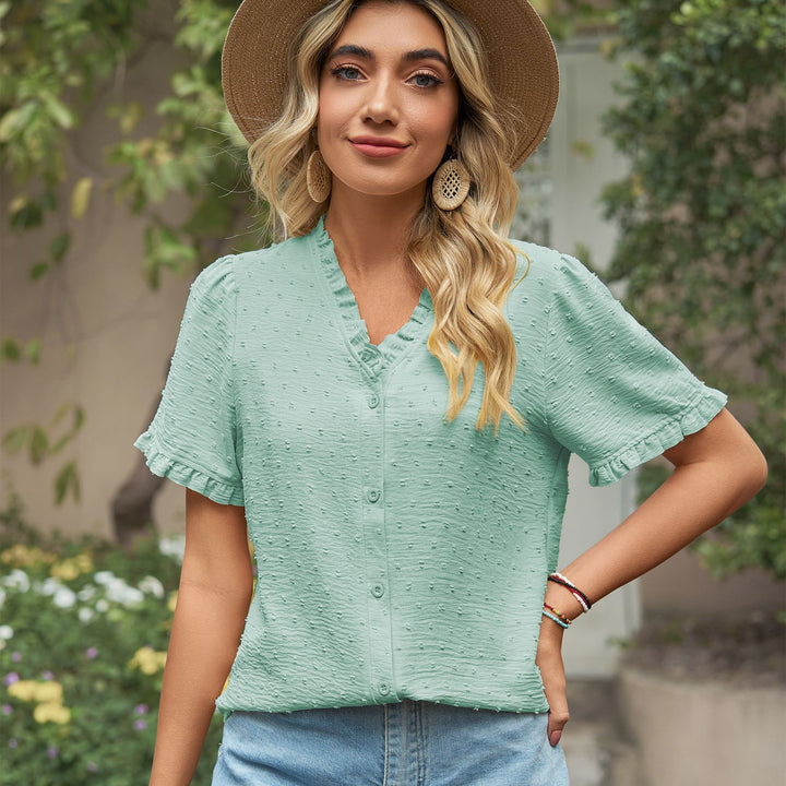 Women's blouse with ruffle details and lightweight textured fabric Lune London