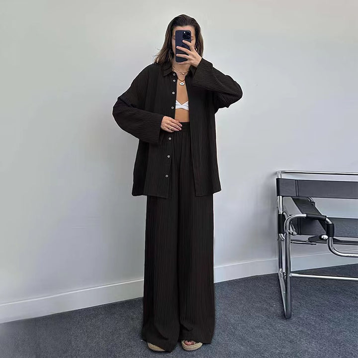 Plus size casual shirt set for women and chic wide leg pants