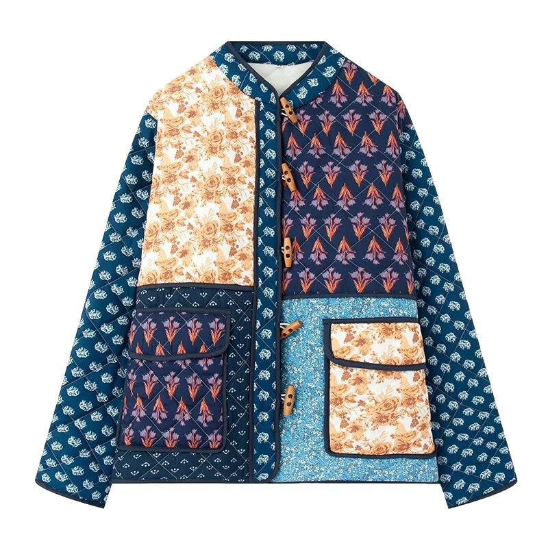 Ladies patchwork quilted jacket with elaborate patterns and practical pockets Lune London