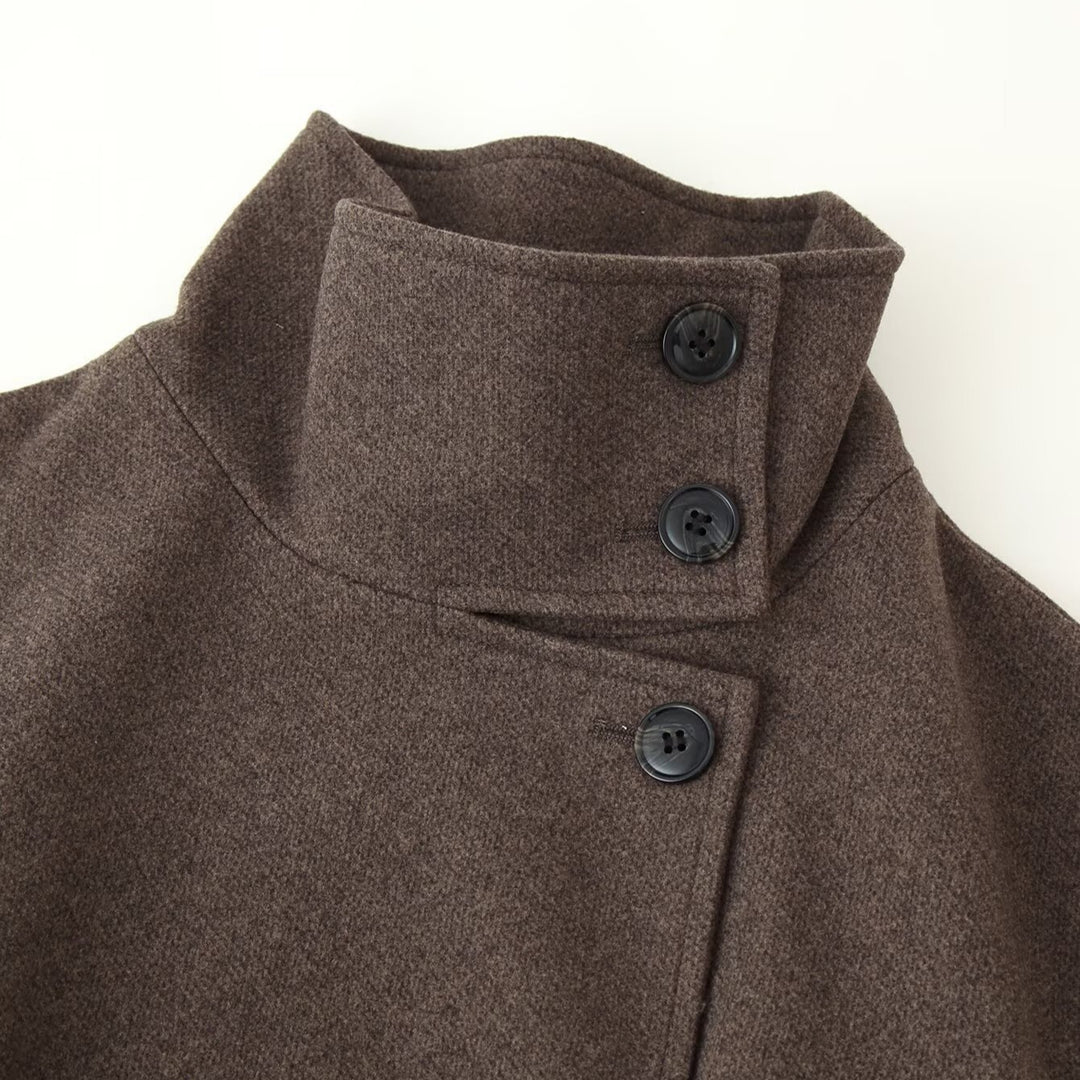 Ladies Mid-length Wool Blend Coat with Stand Collar, Asymmetric Button Placket and Waist Belt Amarae