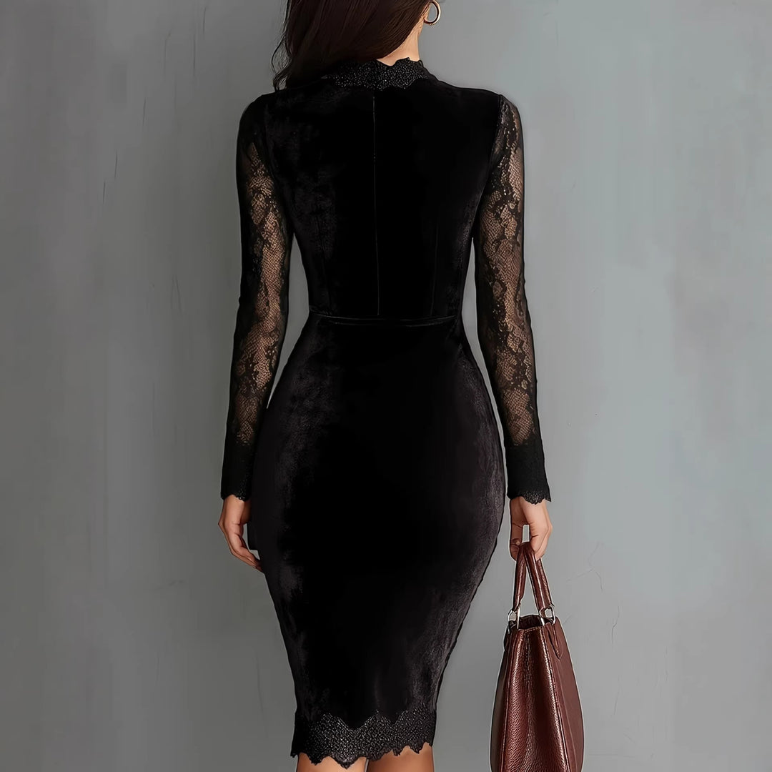 Ladies Elegant Velvet Dress with Lace Inserts and Tailored Cut Lune London