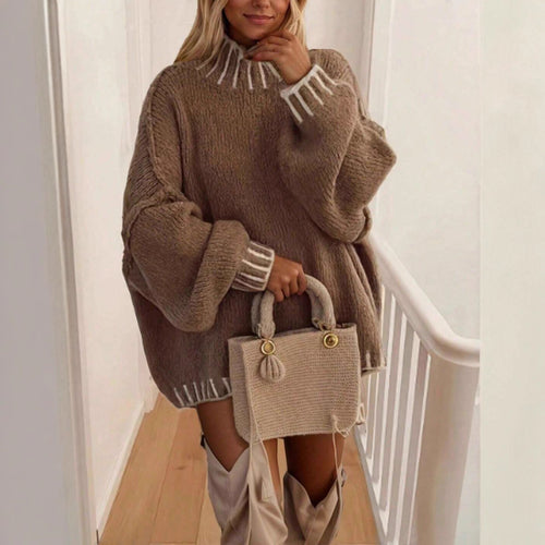 Pull en tricot décontracté pour femmes avec col montant et manches ajustables Chic & Stil