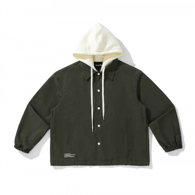 Unisex Two-Layer Overshirt Jacket with Attached Fleece Hood and Snap Button Placket Amarae