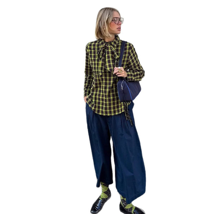 Ladies Checked Shirt Blouse with Drawstring Waist and Loose Fit Amarae