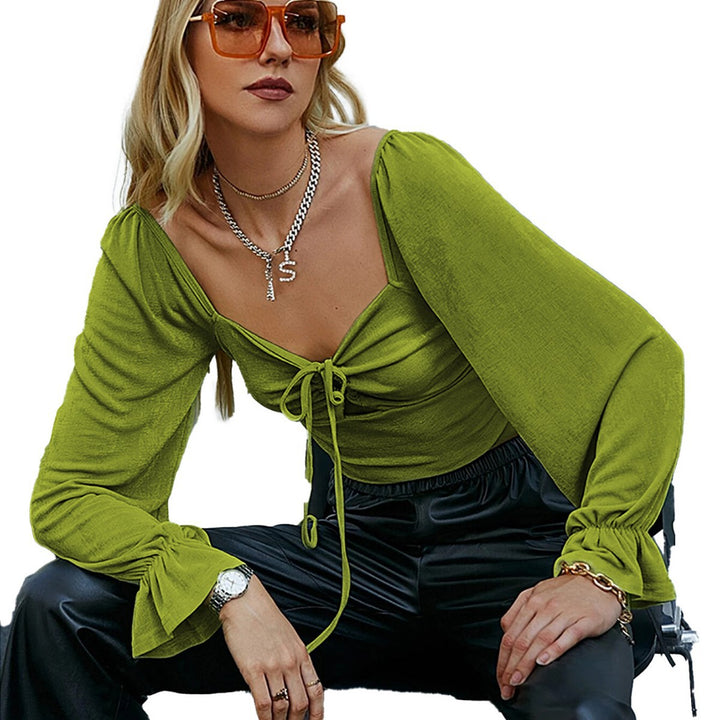 Chic & Stil Women's Short Long Sleeve Shirt with Complex Ruffle Patterns and a Tying Detail