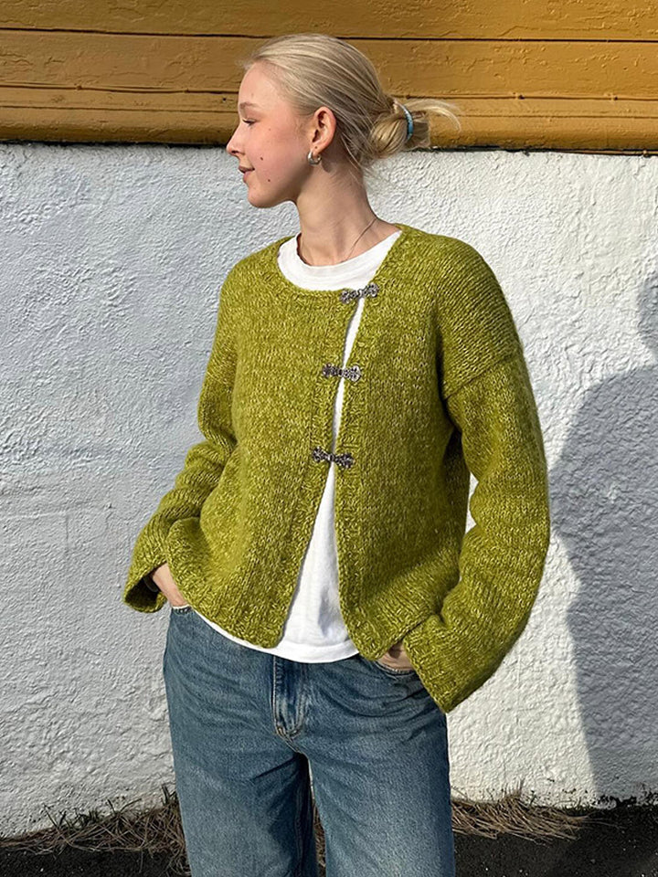 Women's Short Oversized Knit Cardigan with Decorative Hook Closures & Round Neckline Amarae