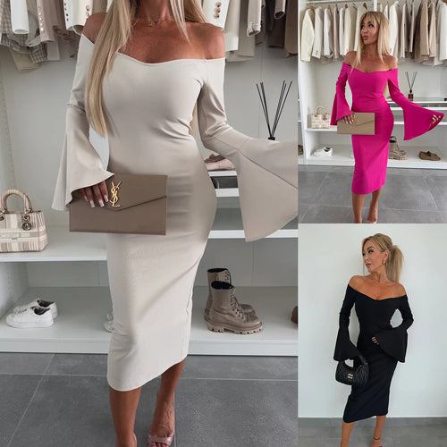 Mid-length dress with flared sleeves for women, off-the-shoulder neckline, Amarae