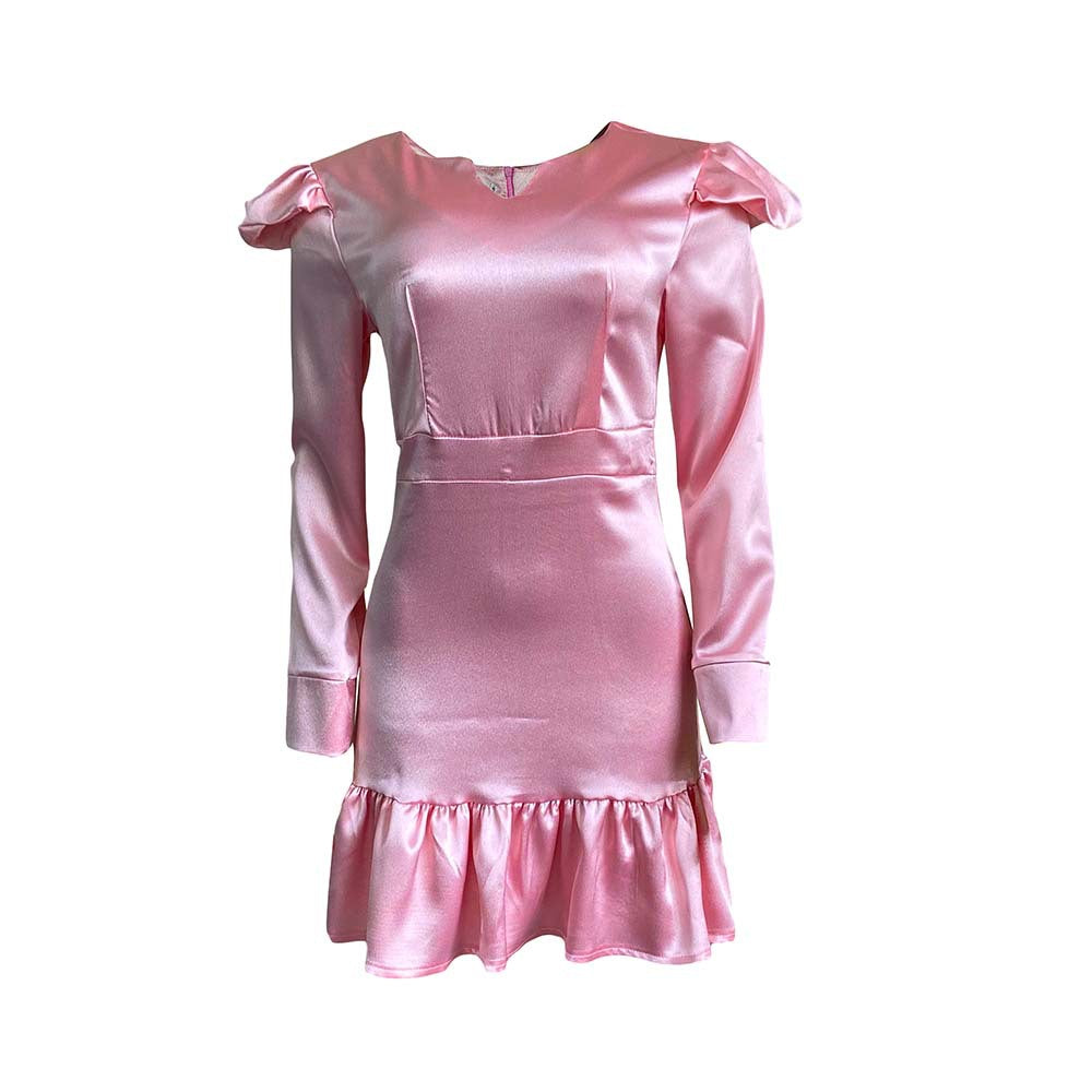 Shiny mini dress for women with puff sleeves and ruffled hem Lune London