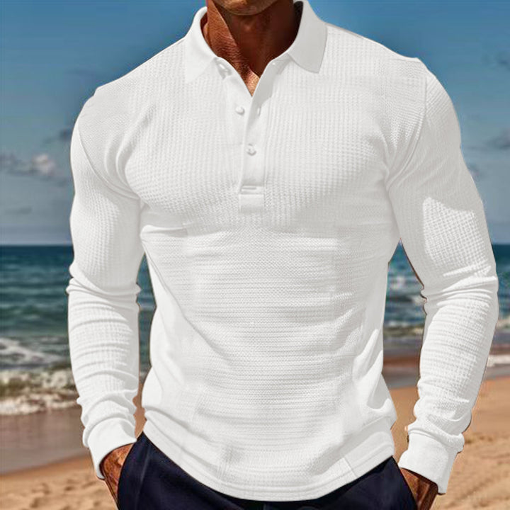 Elegant long sleeve polo for men with button placket and structured design Lune London