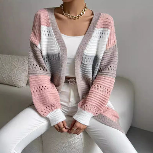 Ladies Casual Knit Cardigan with Modern Airy Patterns and Color Block Stripes Amarae