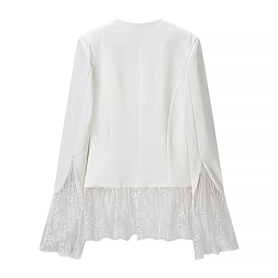 Women's tailored blazer jacket with delicate lace trim and flared sleeves Amarae