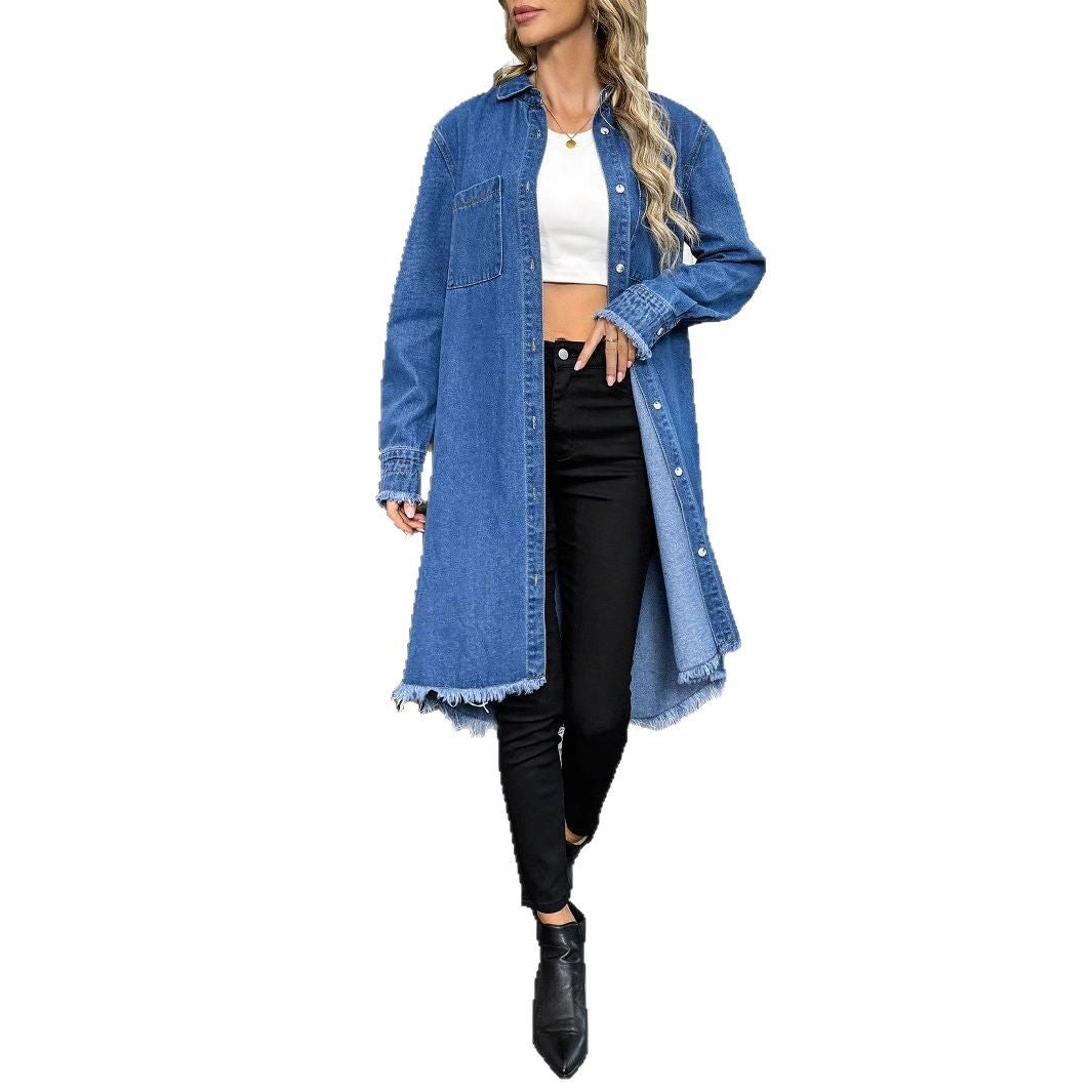Women's Oversize Denim Shirt Jacket in Longline Cut with Frayed Hem Amarae