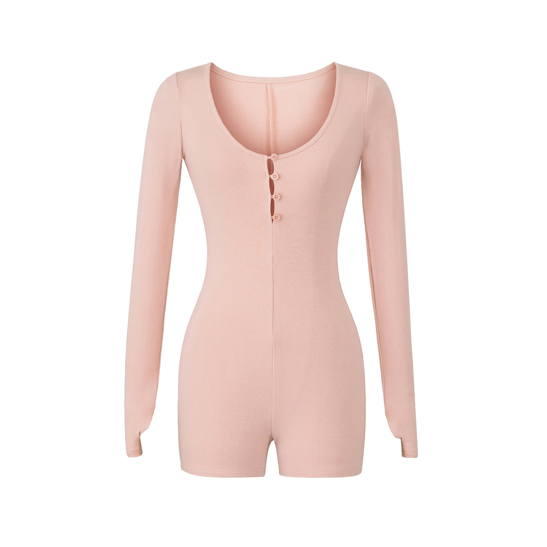Women Fitted Long Sleeve Bodysuit with Button Placket and Short Shorts Amarae