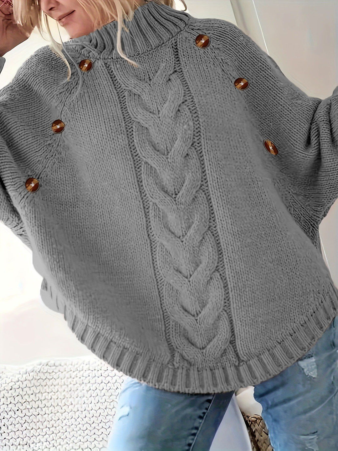 Chunky knit sweater for women with high neck and decorative buttons Lune London