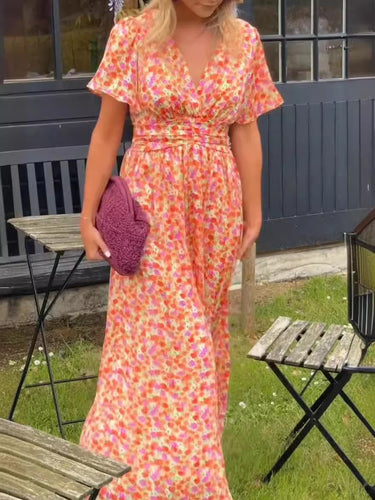 Maxi dress for women with floral gathers and V-neck Amarae