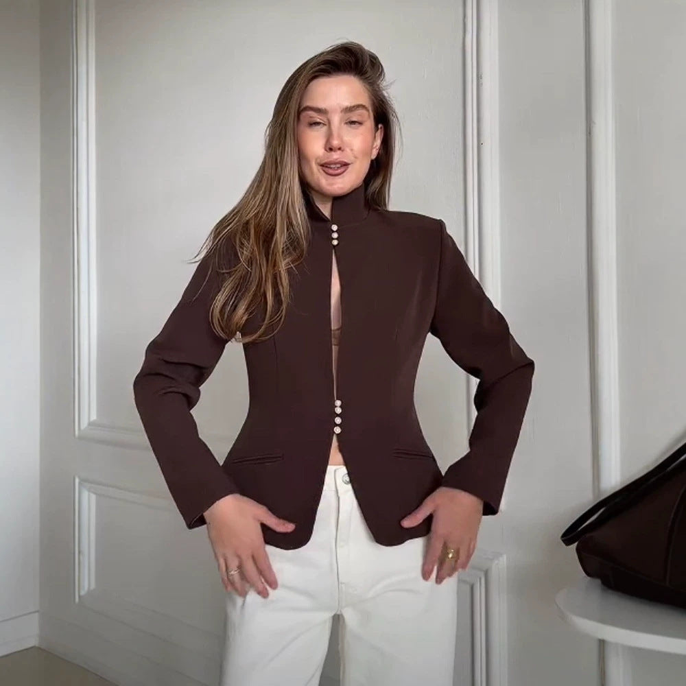 Women's Tailored Blazer with Stand Collar and Pearl Button Placket Amarae