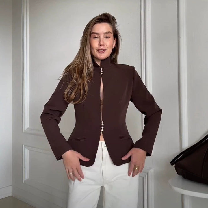 Women's Tailored Blazer with Stand Collar and Pearl Button Placket Amarae
