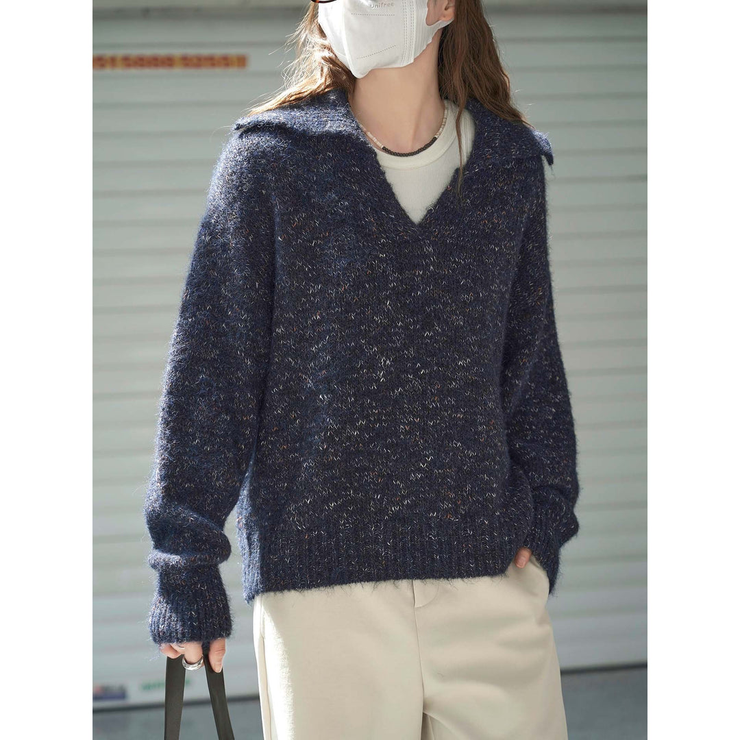 Women's Fluffy Mohair-Mix Sweater with Open Shirt Collar and Ribbed Hem