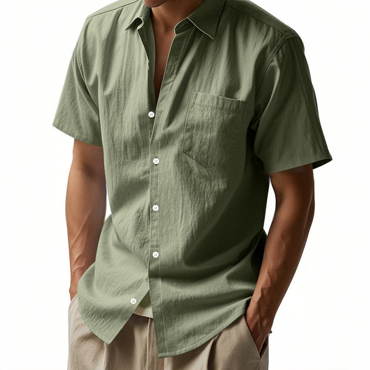 Short sleeve linen shirt for men with structured design and practical chest pocket Lune London