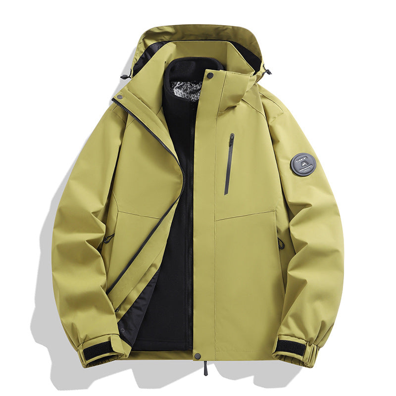 Men's softshell performance jacket with removable hood, concealed full-length zipper, and ergonomic cut Amarae