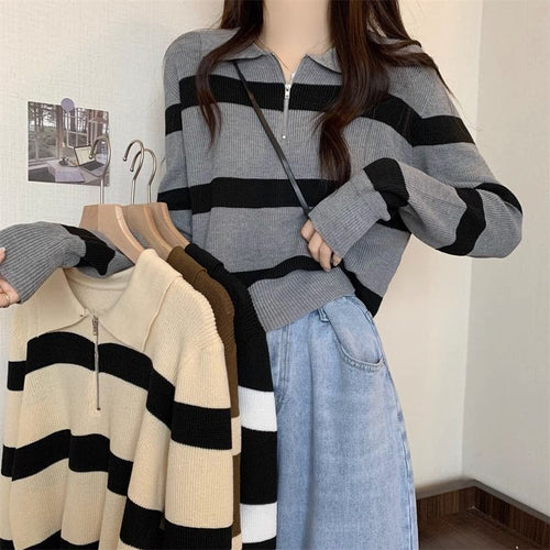 Pull en tricot pour femmes avec zip et motif à rayures Chic & Stil
