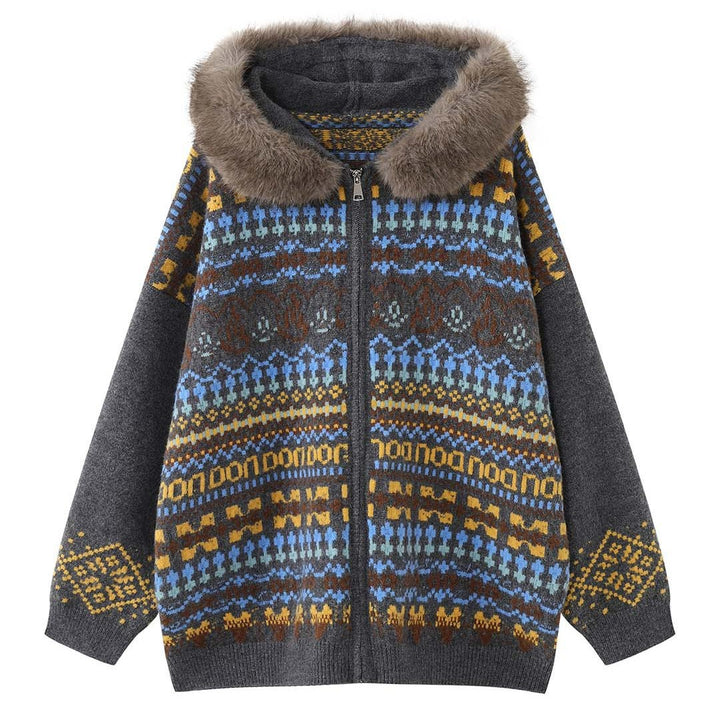 Women's patterned cardigan with faux fur hood and zipper Amarae