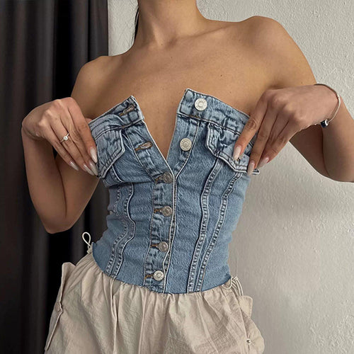 Amarae women's denim bustier top with button closure