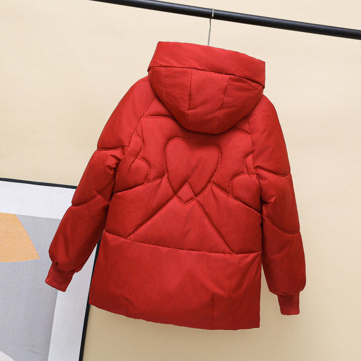Ladies winter quilted down jacket with hood and heart-shaped details Lune London