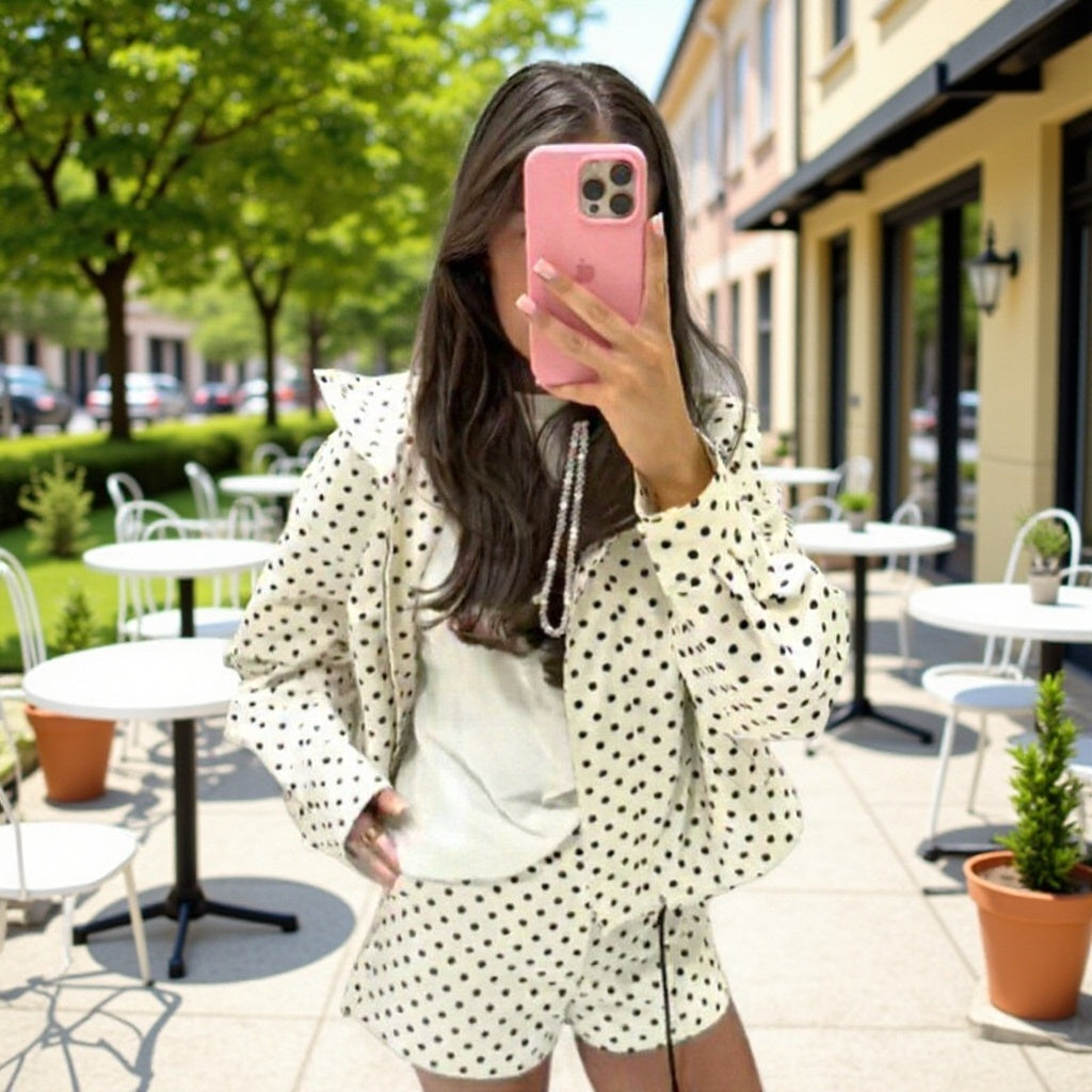 Ladies Two-Piece Polka Dot Linen Blend Set with Boxy Cropped Jacket and High Waist Shorts Amarae