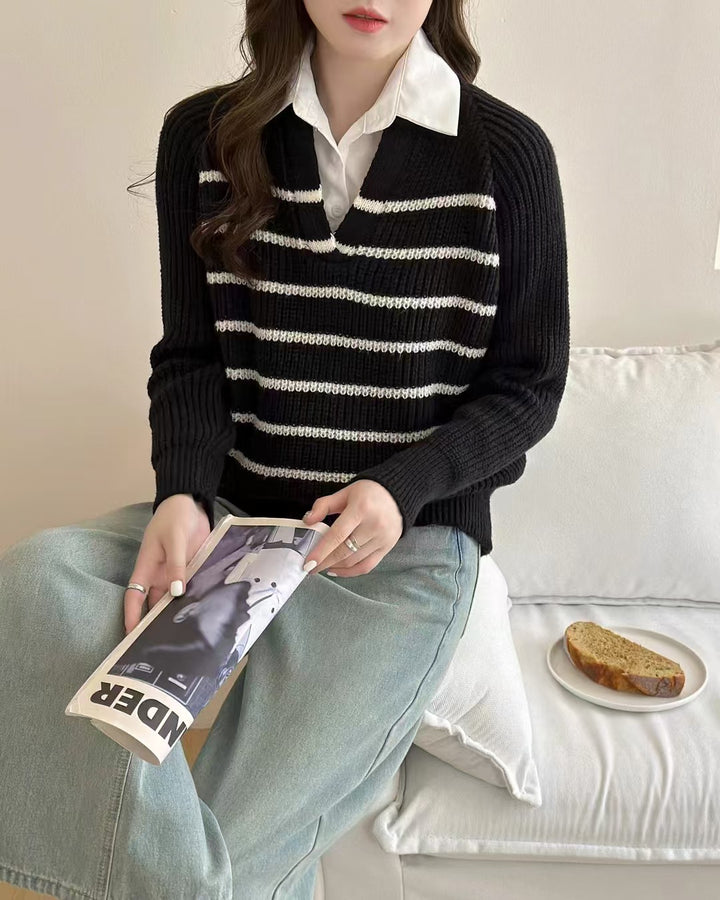 Knit sweater for women with V-neck and striped design Lune London