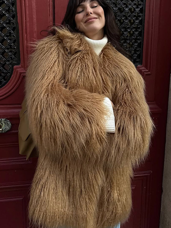 Women's Oversized Shaggy Faux Fur Coat with Long Pile Texture and Concealed Button Placket Amarae