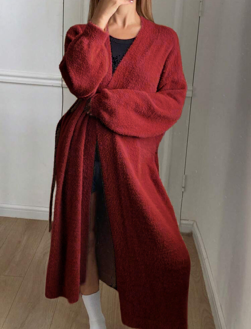 Ladies Long, soft cardigan with tie belt and V-neck Lune London