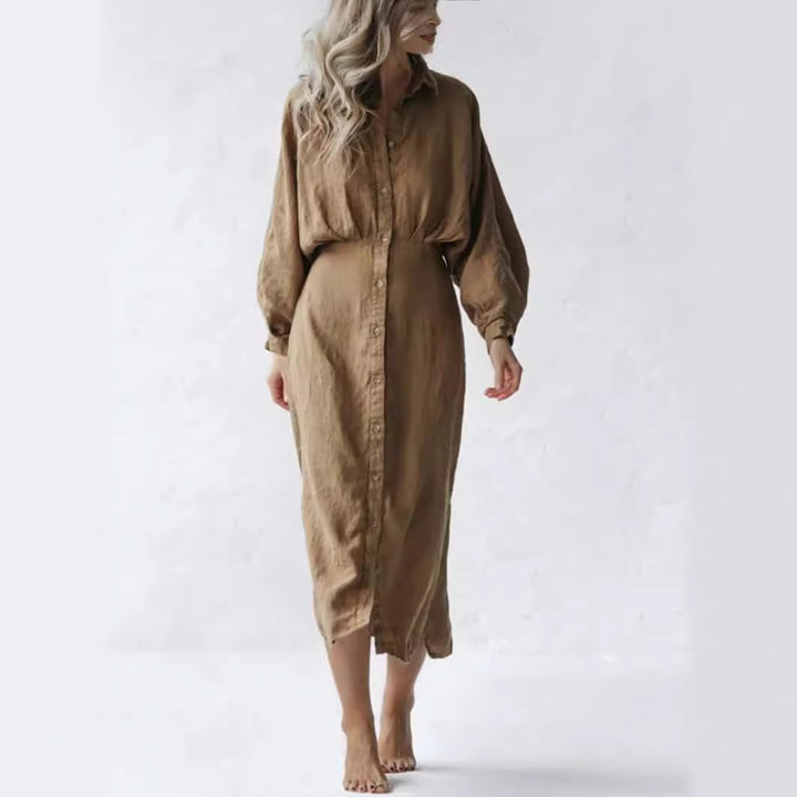 Women's long sleeve shirt dress with gathered waistband and elegant cuffs