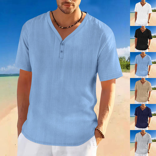Men's short sleeve Henley shirt with textured design and stylish accents Amarae
