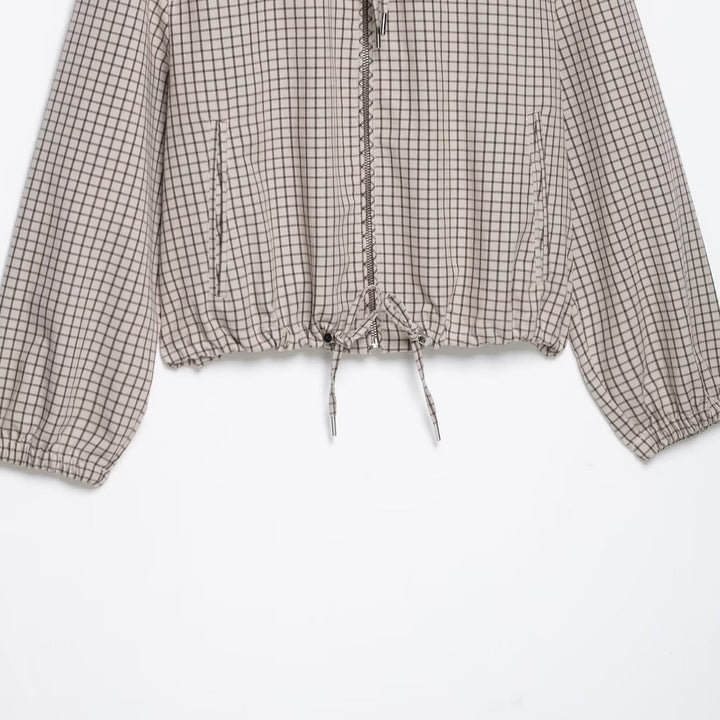 Women Lightweight Hooded Jacket in Check Pattern with Drawstring Hem and Elastic Cuffs Amarae