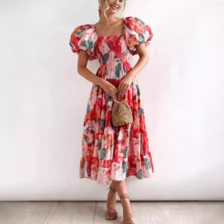 Maxi dress with ruffles off the shoulders for women with floral pattern Amarae