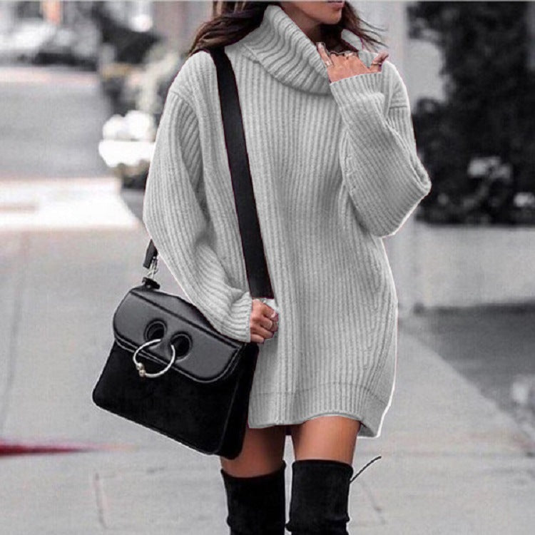 Knitted dress for women with high collar and ribbed structure Lune London