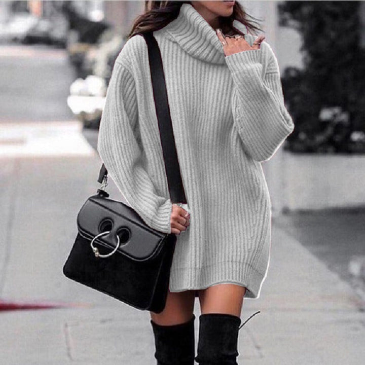 Knitted dress for women with high collar and ribbed structure Lune London