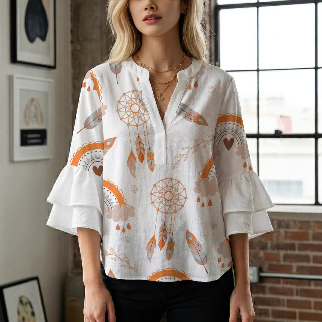 Women's blouse with voluminous wing sleeves and intense leaf pattern Lune London