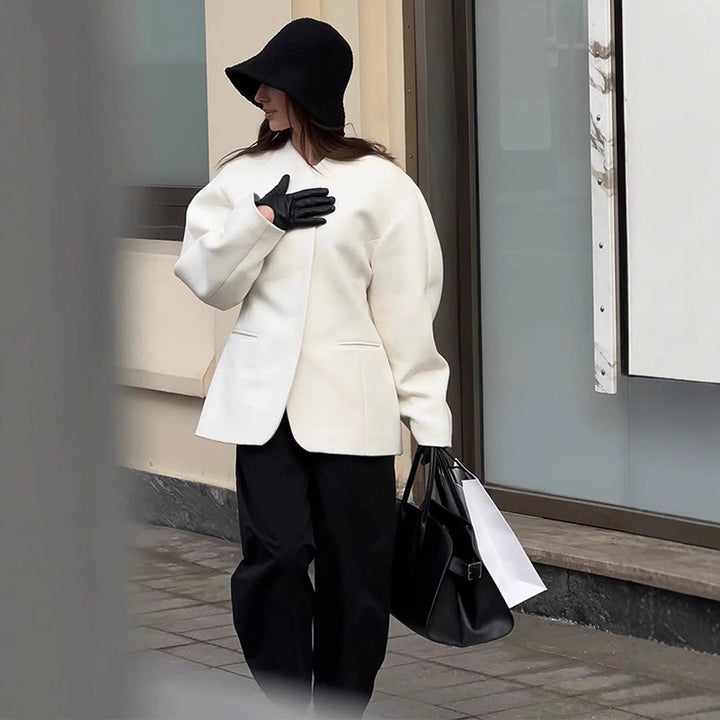 Women's Tailored Collarless Wool Blend Short Coat with Clear Silhouette Amarae